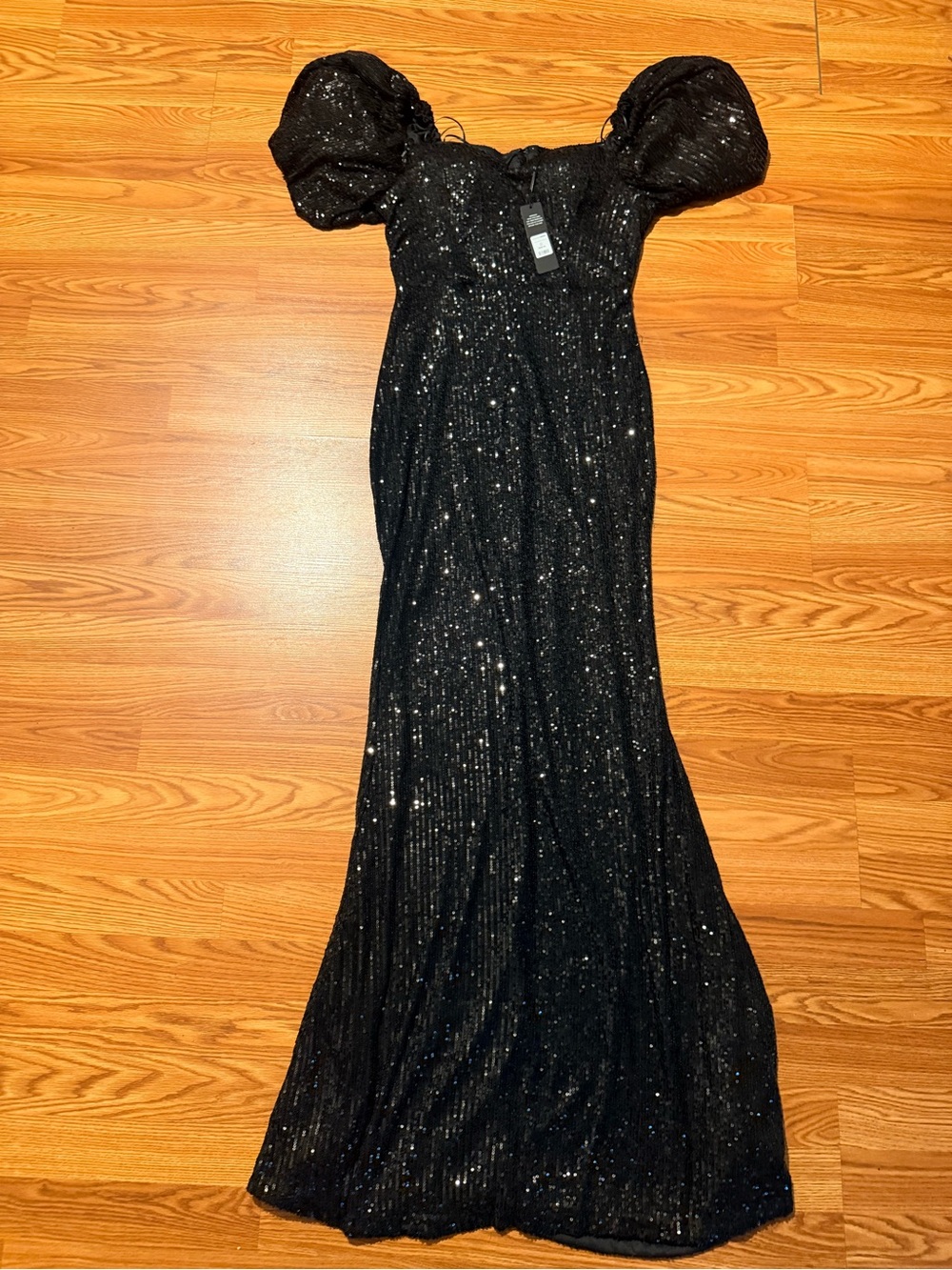 Fashion Nova Black Sequin Puff-Sleeve Maxi Gown